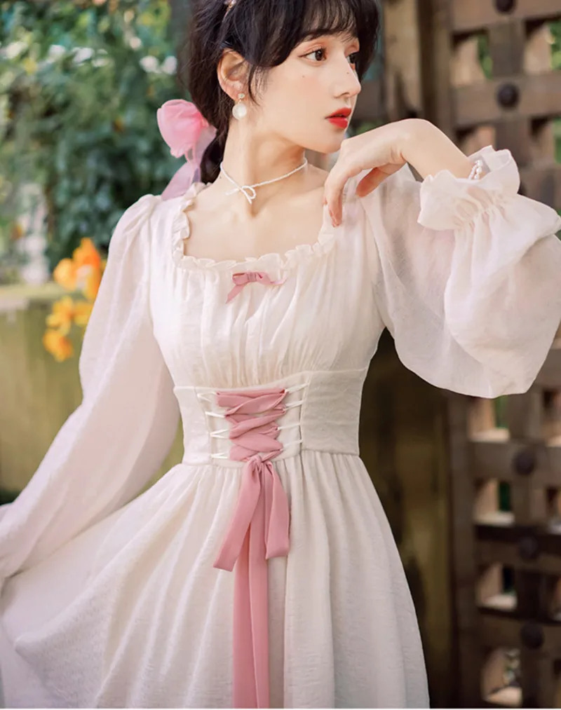 

Vintage Bandage Fairy Dress For Slim Lady French Royal Court Style Bow Petal Sleeve Lolita Princess Dresses Mori Vestido Festa
