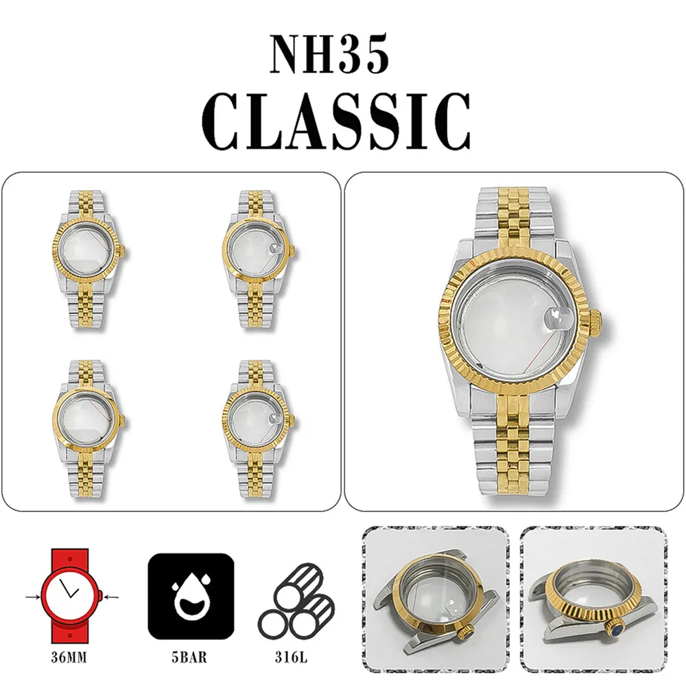 Stainless Steel Nh35 Case 36mm Oyster Perpetual/Dog Tooth Ring Case Sapphire Glass Watch Case Strap for NH35 NH36 4R Movement
Stainless Steel Nh35 Case 36mm Oyster Perpetual/Dog Tooth Ring Case Sapphire Glass Watch Case Strap for NH35 NH36 4R Movement