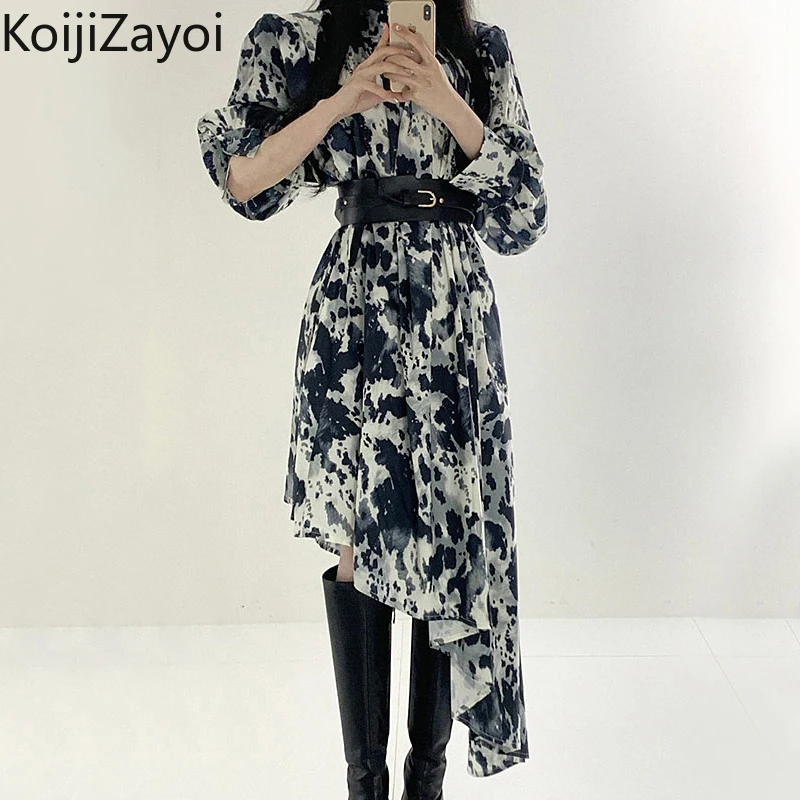 

Женское корейское шикарное платье Koijizayoi, весеннее приталенное платье в стиле ретро с воротником-стойкой и чернильным поясом, Длинные асимм...