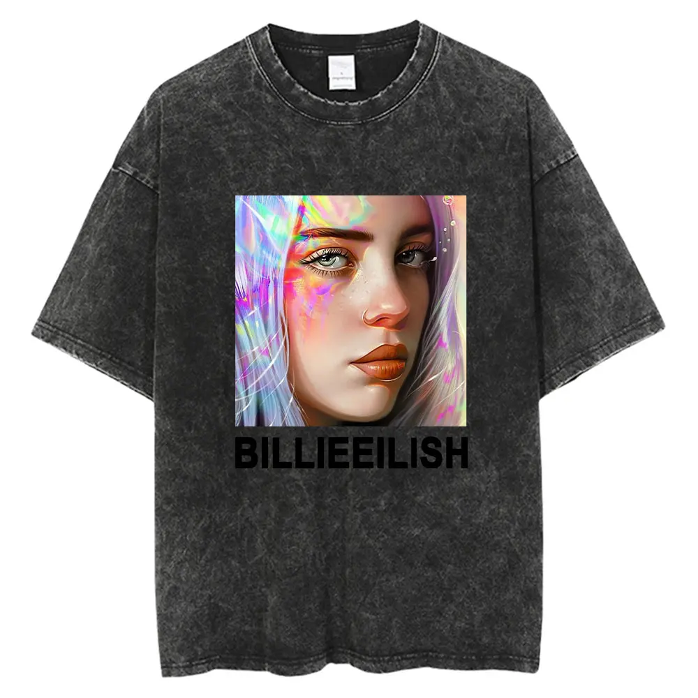 

Eilish B-Billie Singer T Shirt Men Hip Hop Vintage Washed Oversized Anime T Shirts for Women Streetwear Tees 100% Cotton T-shirt