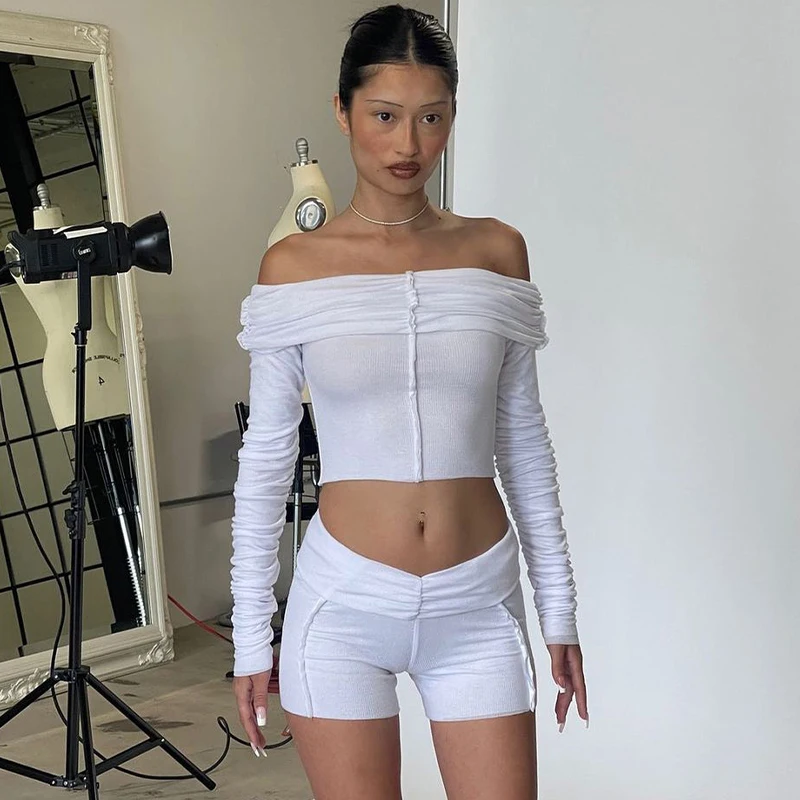 Lygens Knit Rib Ruched Off The Shoudler Long Sleeve Crop Top T Shirt Pants Shorts Sets Summer Casual Streetwear Women Clothing
Lygens Knit Rib Ruched Off The Shoudler Long Sleeve Crop Top T Shirt Pants Shorts Sets Summer Casual Streetwear Women Clothing