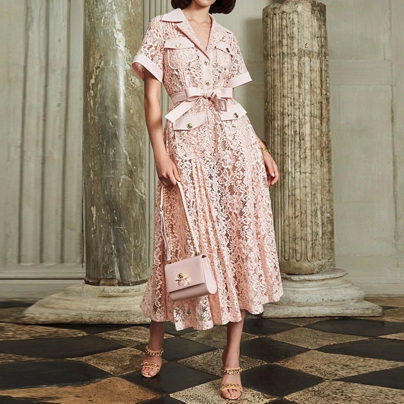 Vintage Pocket Pink Color Floral Embroidery Belt Sashes Dress Turn-Down Neck Short Sleeves Lady Office Work Dresses
Vintage Pocket Pink Color Floral Embroidery Belt Sashes Dress Turn-Down Neck Short Sleeves Lady Office Work Dresses