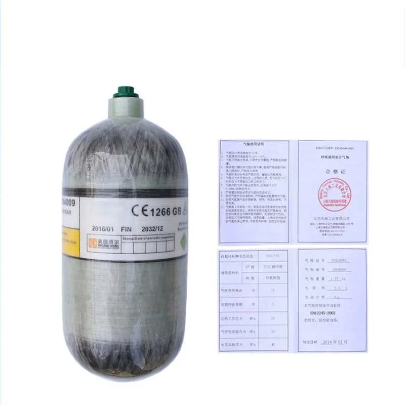 Carbon Fiber Gas Cylinder 2.5L 300BAR Compressed Air Diving Tank HPA Cylinder Capacity M18*1.5
Carbon Fiber Gas Cylinder 2.5L 300BAR Compressed Air Diving Tank HPA Cylinder Capacity M18*1.5