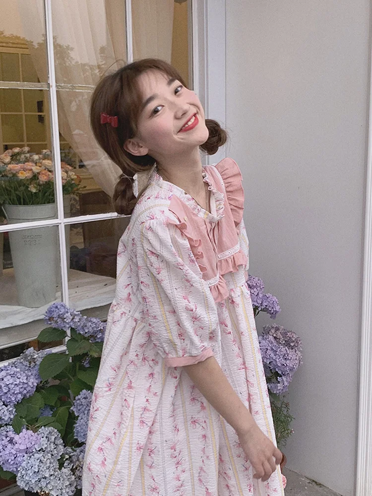 

New In Japanese Sweet Ruffled Dresses Women Kawaii O-Neck Puff Sleeve Lolita Dress Harajuku Korean Preppy Style Female Vestidos