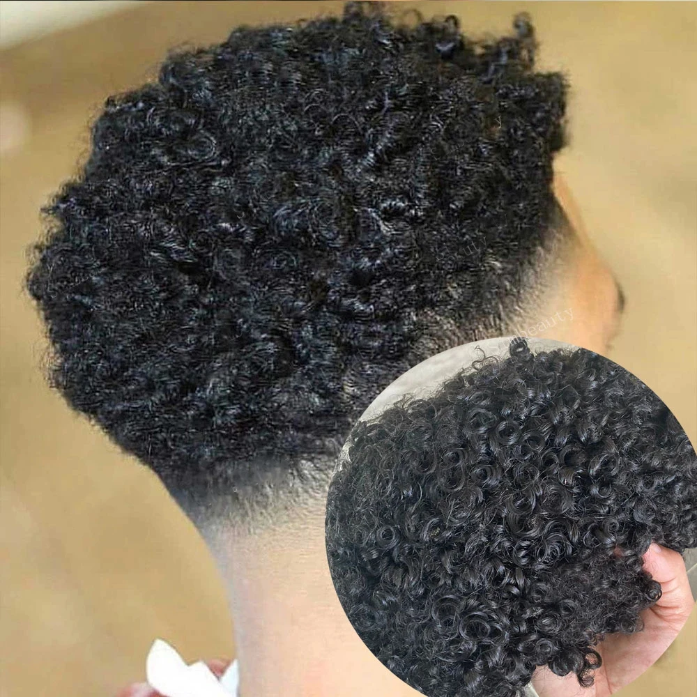

15 мм афро вьющийся супер прочный полноразмерный парик для мужчин из человеческих волос афроамериканский парик коричнево-черный протез