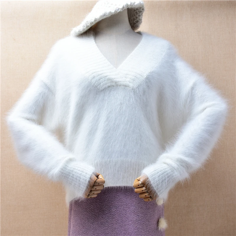 

Женская осенне-зимняя одежда, белый пушистый норковый кашемировый вязаный короткий Стильный Свободный пуловер с V-образным вырезом, джемпер из ангоры