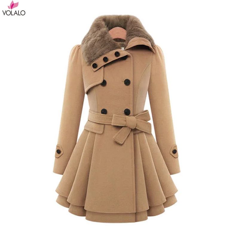 

Women Wool Coat Dress Jacket Slim Windbreaker Sexy Long Woolen Trench Belted Pea Coat Double Breasted Ladies Winter Clothing