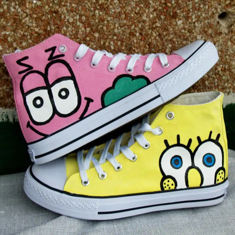 

New Spongebob Squarepants Hand-Painted Shoes Canvas Shoes 35-44 Size Kawaii Low-Top High-Top Couple Student Shoes Sneakers Gift