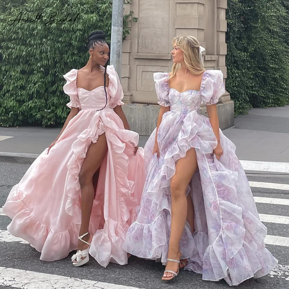 Arietta Floral Print Organza Princess Prom Dresses Sweetheart Short Sleeves Ruffles High Slit A-Line Evening Party Gowns 
Arietta Floral Print Organza Princess Prom Dresses Sweetheart Short Sleeves Ruffles High Slit A-Line Evening Party Gowns