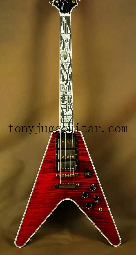 

Rare Flamethrower Flying V Ultima Fire Tiger Cherry Flame Maple Top Electric Guitar White Pearloid & Abalone Flame Inlay,