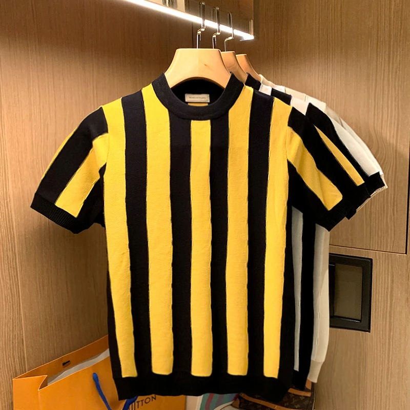 Men 2022 Summer New Fashion Short Sleeve Casual T-shirt Men's Slim Fit Striped Tops Men's Knitted Round Neck Pullover Tees
Men 2022 Summer New Fashion Short Sleeve Casual T-shirt Men's Slim Fit Striped Tops Men's Knitted Round Neck Pullover Tees