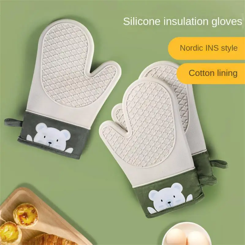 

Oven Mitts New Silicone And Cotton Gloves Twill Double-layer Microwave Oven Oven Gloves Kitchen Baking Heat Insulation Gloves