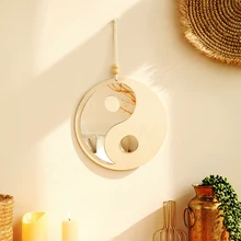 Wooden Mirror Home Decor Boho Wall Mirrors for Living Room Bedroom Tai Chi Yin Yang Wood Mirrors Room House Feng Shui Decoration