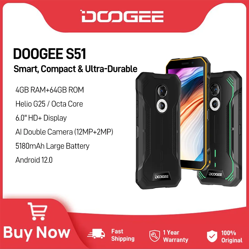 

DOOGEE S51 Rugged Phone 4GB +64GB 6.0" HD Octa Core Cellphone 12MP AI Double Camera 5180mAh Phone 8MP Front Camera Android 12.0