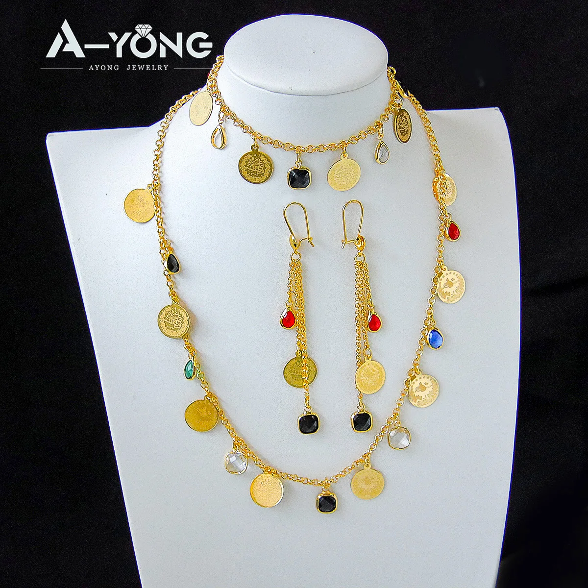 AYONG Turkish Gold Coin Jewelry Set 21k Gold Plated Colorful Zircon Full Jewelry Luxury Wedding Party Accessories
AYONG Turkish Gold Coin Jewelry Set 21k Gold Plated Colorful Zircon Full Jewelry Luxury Wedding Party Accessories