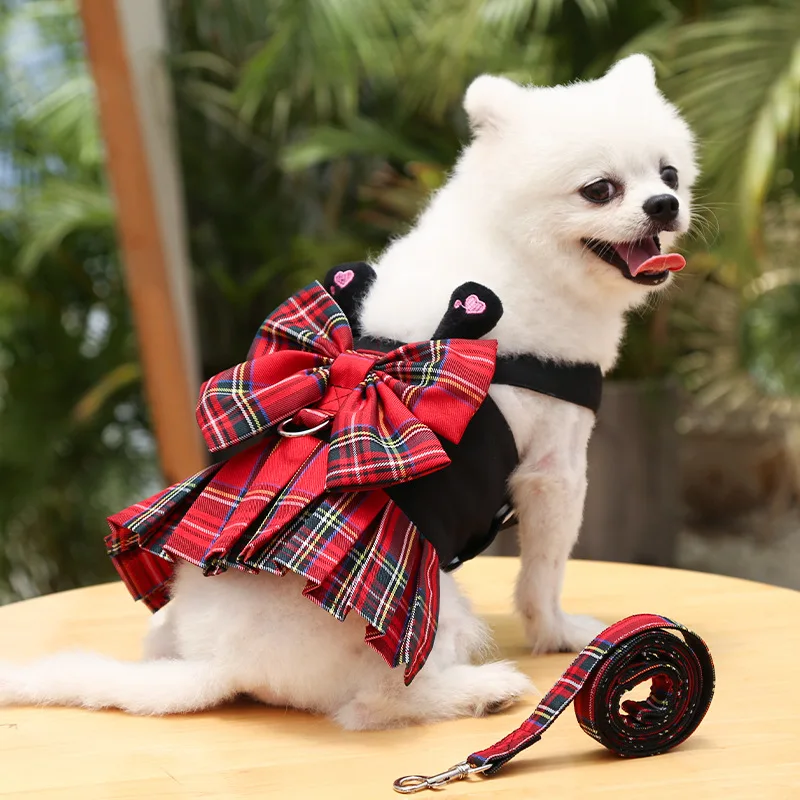 

Dog Accessories Dog Collar Skirt Cat Plaid Breast Strap Traction Rope Teddy Pet Products Dog Walking Rope College Style