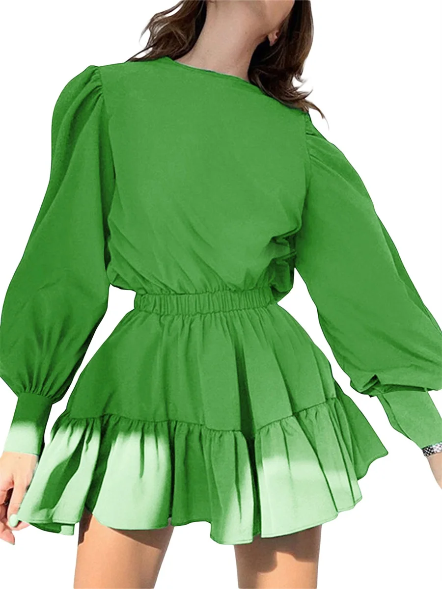 

Женское мини-платье А-силуэта, однотонное Повседневное платье с круглым вырезом и высокой талией, с рюшами, весна-осень