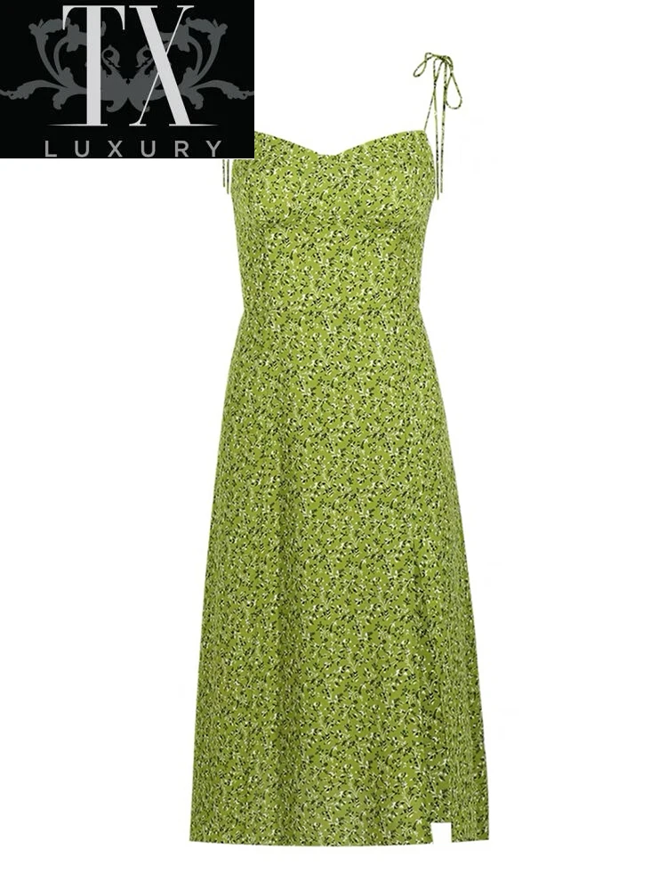 Strap Sleeveless Print Summer Dress Women Fashion Green Floral Sexy High Slit Long Dresses Vintage French Style Vestidos Mujer 
Strap Sleeveless Print Summer Dress Women Fashion Green Floral Sexy High Slit Long Dresses Vintage French Style Vestidos Mujer