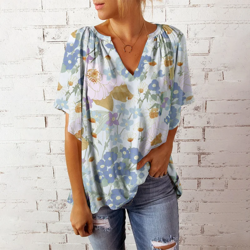 2023 Summer New Women's T-Shirts Floral Print Flare Short Sleeve Tops V-Neck Loose Streetwear Ladies Blouse
2023 Summer New Women's T-Shirts Floral Print Flare Short Sleeve Tops V-Neck Loose Streetwear Ladies Blouse