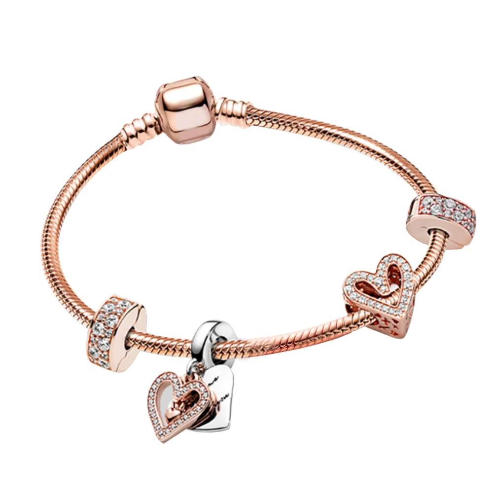 S925 Two-Tone Rose Gold Hand-Painted Heart Snake Bracelet Set Fit for Pandora Original Link Making Fashion Jewelry for Lady Gift 
S925 Two-Tone Rose Gold Hand-Painted Heart Snake Bracelet Set Fit for Pandora Original Link Making Fashion Jewelry for Lady Gift