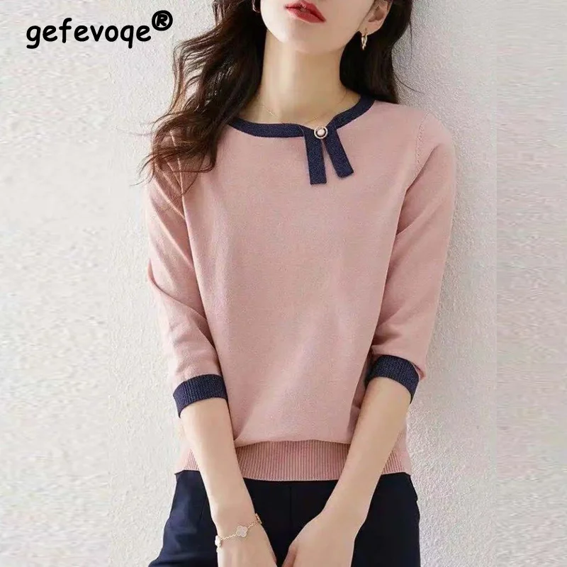 Spring Autumn Elegant Korean Fashion Contrast Color Bow Simple Chic Knitted Sweater Women Casual 3/4 Sleeve Basic Pullover Tops
Spring Autumn Elegant Korean Fashion Contrast Color Bow Simple Chic Knitted Sweater Women Casual 3/4 Sleeve Basic Pullover Tops