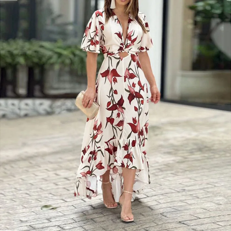 Spring and summer new women's fashion casual half-open neck hollowed-out short-sleeved irregular dress
Spring and summer new women's fashion casual half-open neck hollowed-out short-sleeved irregular dress