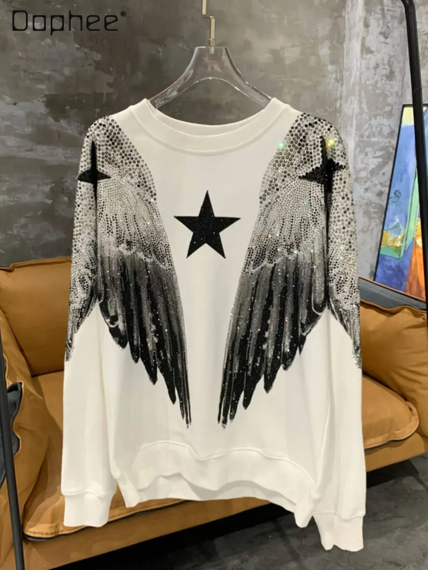Heavy Embroidery Hot Drilling Full Diamond Big Wings Hoody Women's Autumn Round Neck Pullover Couple's Rhinestone Sweatshirts
Heavy Embroidery Hot Drilling Full Diamond Big Wings Hoody Women's Autumn Round Neck Pullover Couple's Rhinestone Sweatshirts