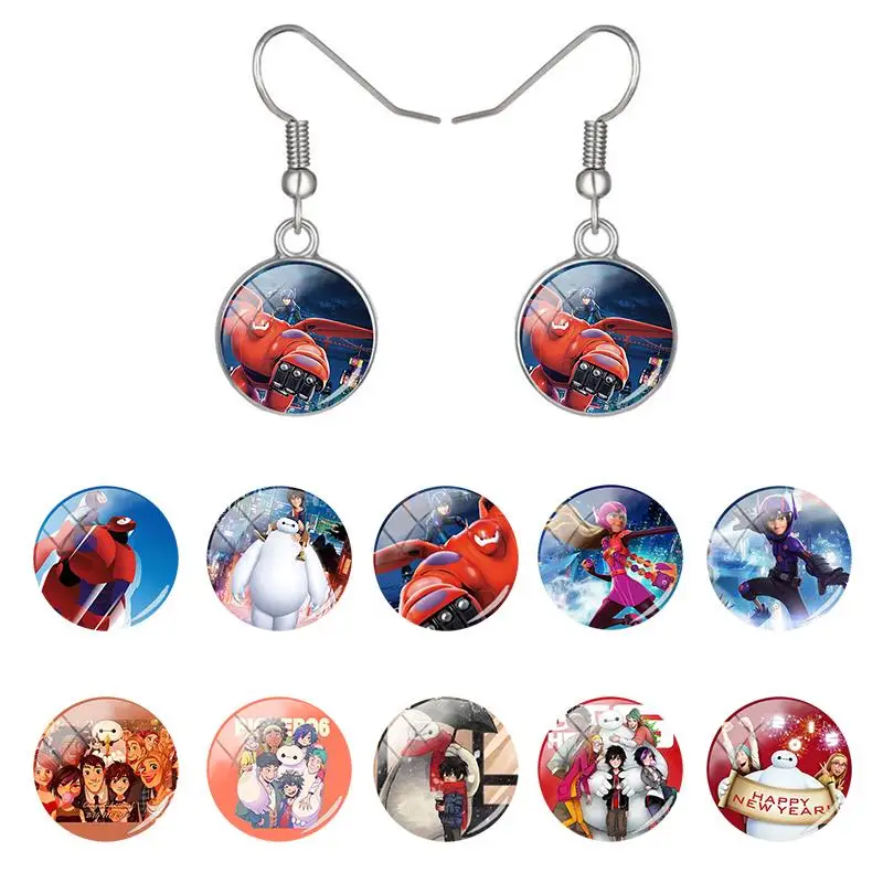 

Disney Big Hero 6 Characters Drop Dangle Earring Cartoon Style Round Pendant Earrings Glass Dome Charms for ear Jewelry FWN326