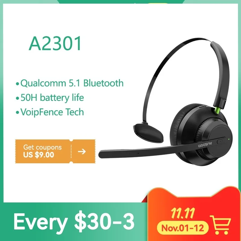 

A2301 V5.1 Wireless Office UC Headset Noise Reduction Mic 50hrs Talktime Telephone Driver Earphones For Call Center