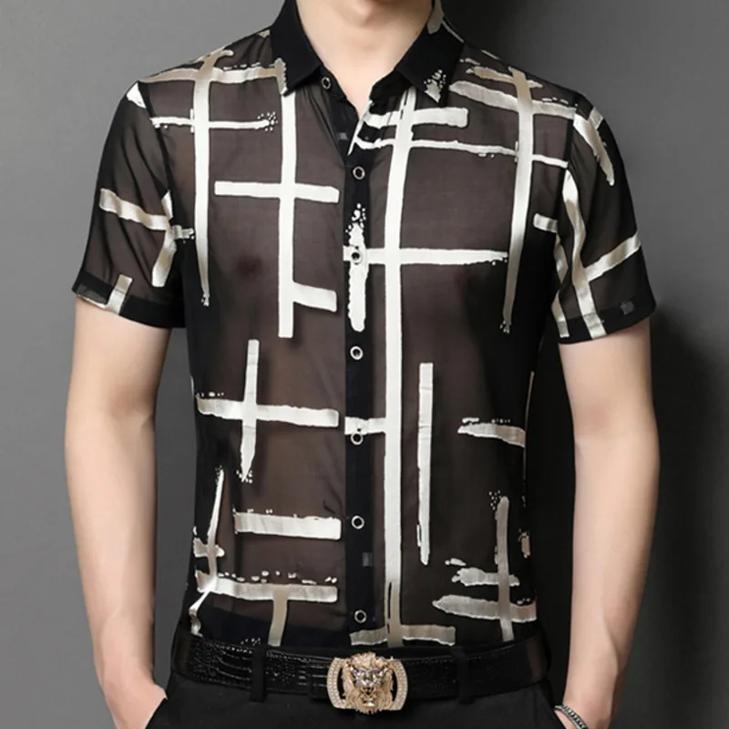 Transparent Shirt Men Veren Patroon Shirt Club Summer Sexy Shirt Designer Shirt Short Sleeve Slim Fit Shirt Men Mannen Kleding
Transparent Shirt Men Veren Patroon Shirt Club Summer Sexy Shirt Designer Shirt Short Sleeve Slim Fit Shirt Men Mannen Kleding