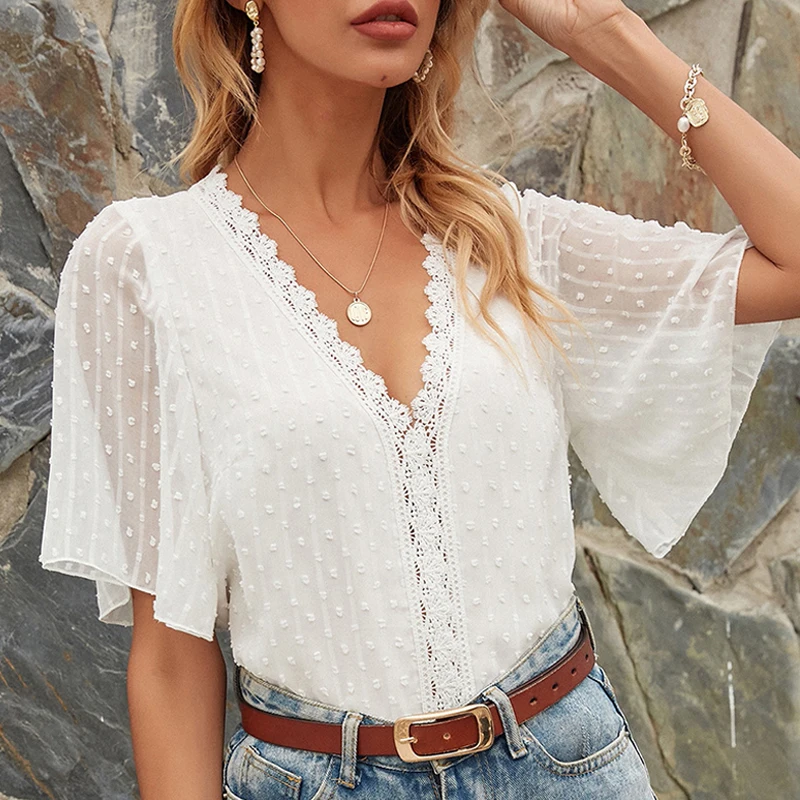 Summer Lace Chiffon Blouse Elegant Women V Neck White Shirts Casual Female Flare Sleeve 2023 Fashion Hollow Tops Blusas 25350
Summer Lace Chiffon Blouse Elegant Women V Neck White Shirts Casual Female Flare Sleeve 2023 Fashion Hollow Tops Blusas 25350