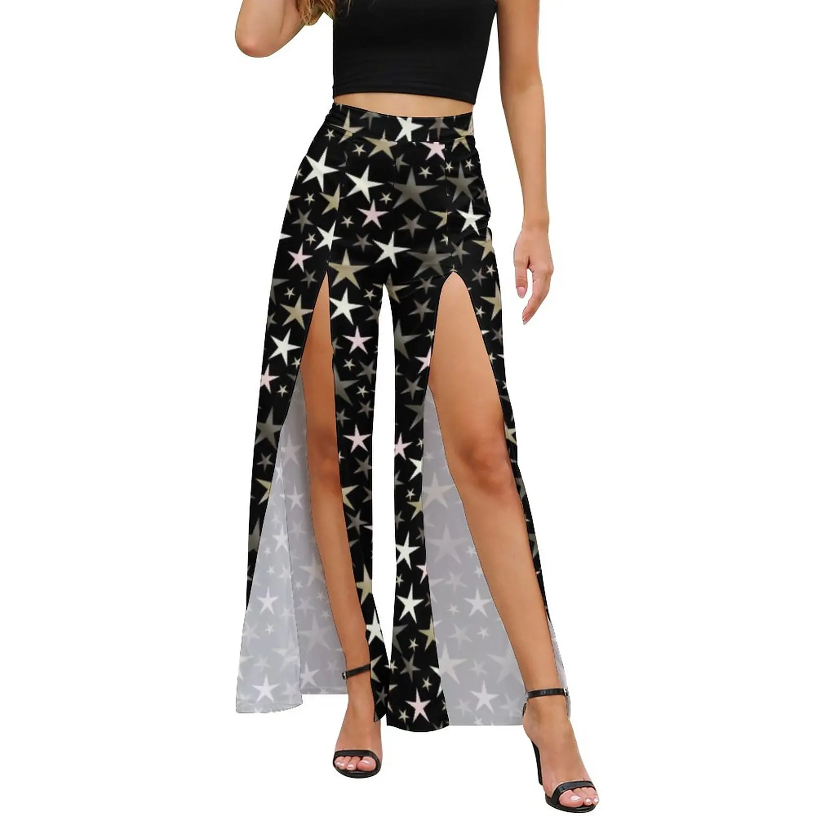 Bright Star Pants Woman Black Silver Shiny Stars Print High Waisted Casual Printed Wide Leg Pants Slit Street Wear Trousers
Bright Star Pants Woman Black Silver Shiny Stars Print High Waisted Casual Printed Wide Leg Pants Slit Street Wear Trousers