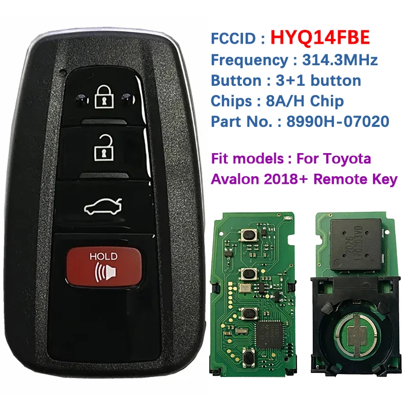 Сменный смарт-ключ для Toyota Avalon с 4 кнопками, частота 314,4 МГц, HYQ14FBE 8990H-07020 (0410)
Сменный смарт-ключ для Toyota Avalon с 4 кнопками, частота 314,4 МГц, HYQ14FBE 8990H-07020 (0410)