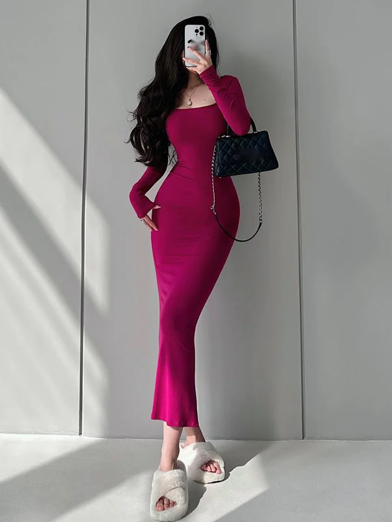 

U WOMENGAGA Sexy Neck Square Collar Tight Slim Long Sleeve Fishtail Dress Long Maxi Dress Fashion Sweet Robe Women 7LN8