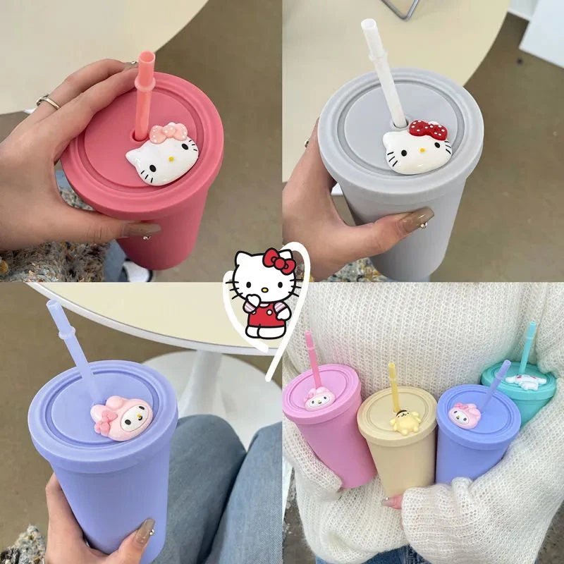 

Sanrio Kawaii Hello Kitty Cup Kuromi My Melody Cinnamoroll Pom Pom Purin Student Cartoon 450ML Straw Cup Office Coffee Cup Gift