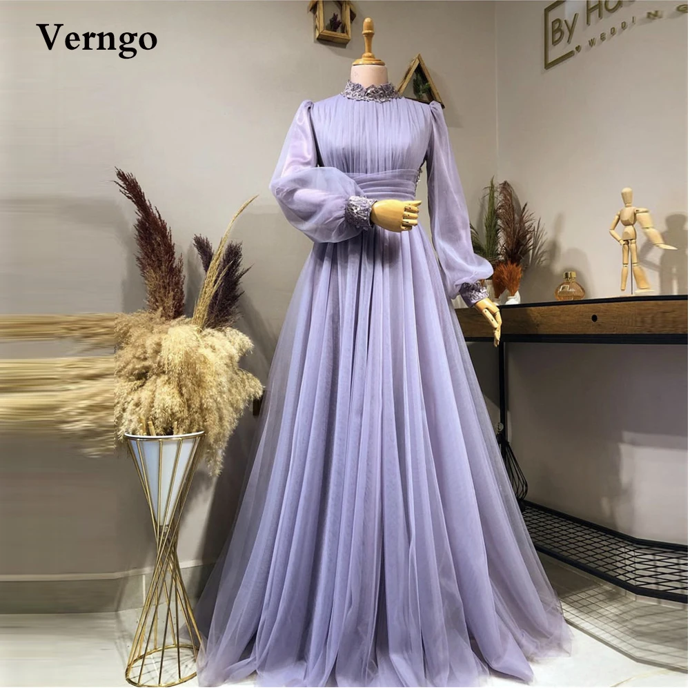 

Verngo Elegant Lavender Tulle Prom Dresses High Neck Puff Long Sleeves Applique Saudi Arabic Women Kaftan Formal Evening Gowns