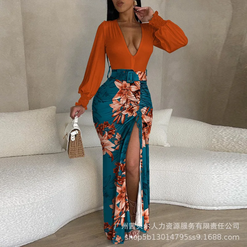 Женское длинное платье-корсет с длинным рукавом, V-образным вырезом и высокой талией 
Женское длинное платье-корсет с длинным рукавом, V-образным вырезом и высокой талией