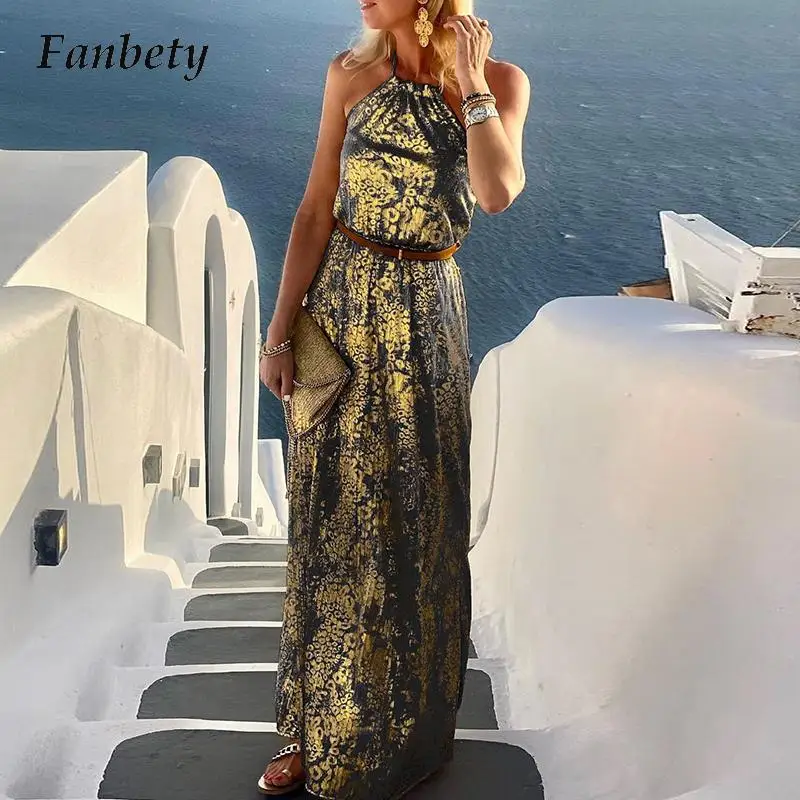 Casual Ladies Retro Pattern Print Sundress Elegant Off Shoulder Waisted Beach Dress Bohemia Summer Halter Sleeveless Long Dress
Casual Ladies Retro Pattern Print Sundress Elegant Off Shoulder Waisted Beach Dress Bohemia Summer Halter Sleeveless Long Dress