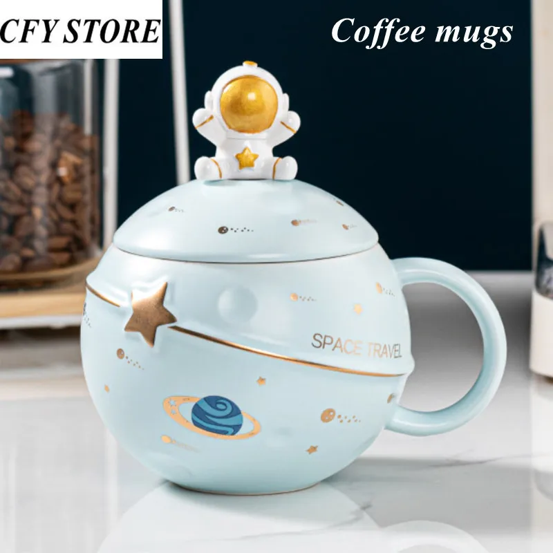 

400ml Ceramic Coffee Cups with Spoon Kawaii Mug Creative Planet Lovers Coffee Mugs Breakfast Milk Juice Tea Cup Drinkware