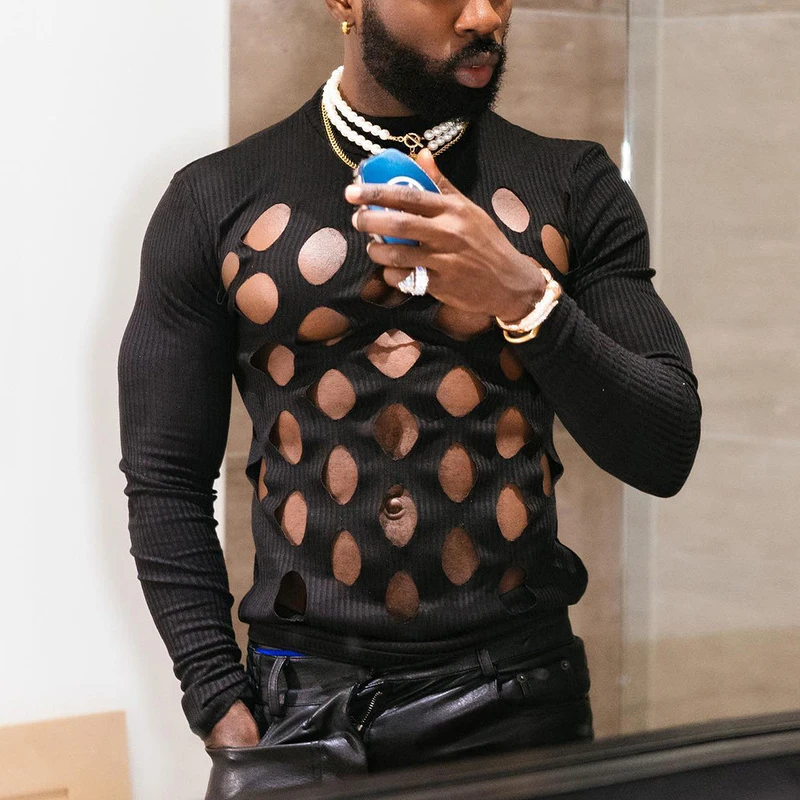 Sexy Solid Hollowed T-shirts Men Long Sleeve Turtleneck Tight Tees Pullover Mens Clothing 2022 Autumn Elastic Knitted Shirts
Sexy Solid Hollowed T-shirts Men Long Sleeve Turtleneck Tight Tees Pullover Mens Clothing 2022 Autumn Elastic Knitted Shirts