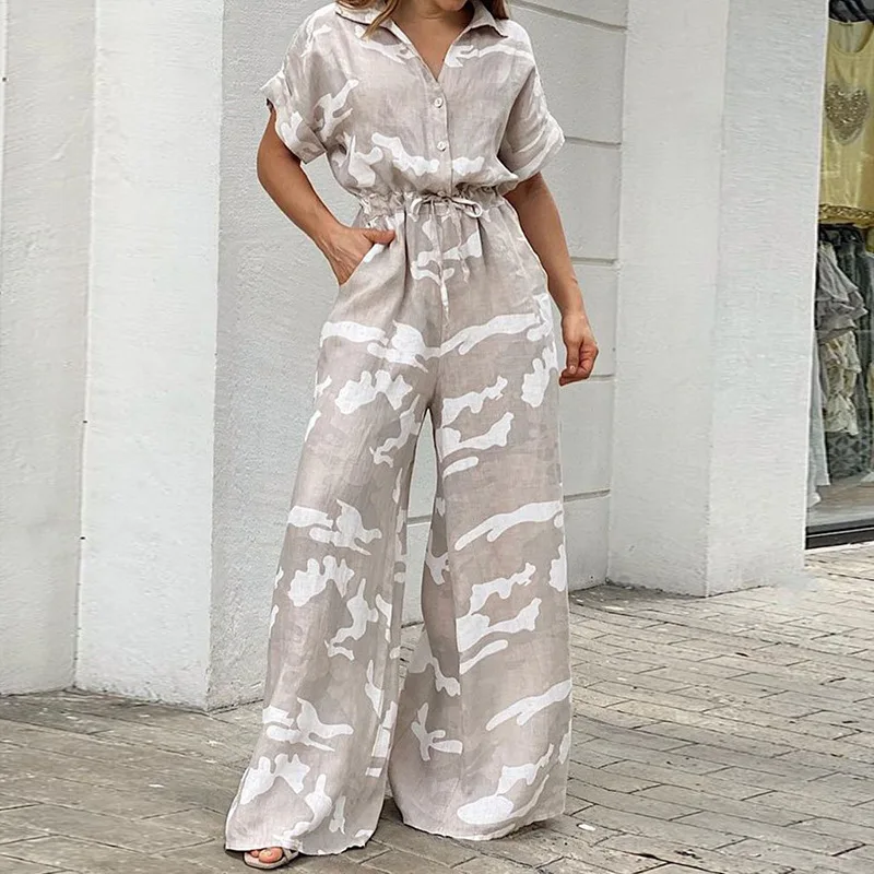 Elegant Office High Waist Straight Overalls Fashion Print Lapel Short Sleeve Jumpsuits Casual Button Drawstring Lace-up Romper
Elegant Office High Waist Straight Overalls Fashion Print Lapel Short Sleeve Jumpsuits Casual Button Drawstring Lace-up Romper