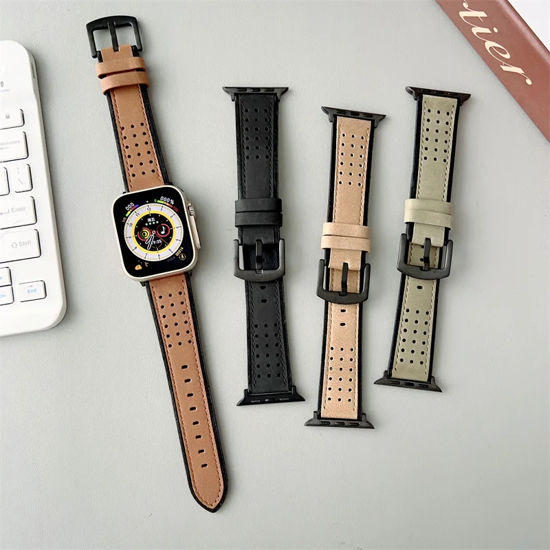 

Ремешок из вощеной кожи для Apple Watch Band Series 8 7 SE 6 5 4 3, винтажный браслет из воловьей кожи для iWatch 41/45/42/44/38/40 мм
