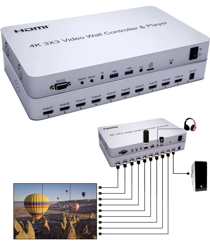 4K 3x3 Video Wall Controller USB Player Multi Screen Splicer 2x2 2x4 1x3 1x4 9 TV Wall Splicing Box 2x3 HDMI TV Wall Processor
4K 3x3 Video Wall Controller USB Player Multi Screen Splicer 2x2 2x4 1x3 1x4 9 TV Wall Splicing Box 2x3 HDMI TV Wall Processor