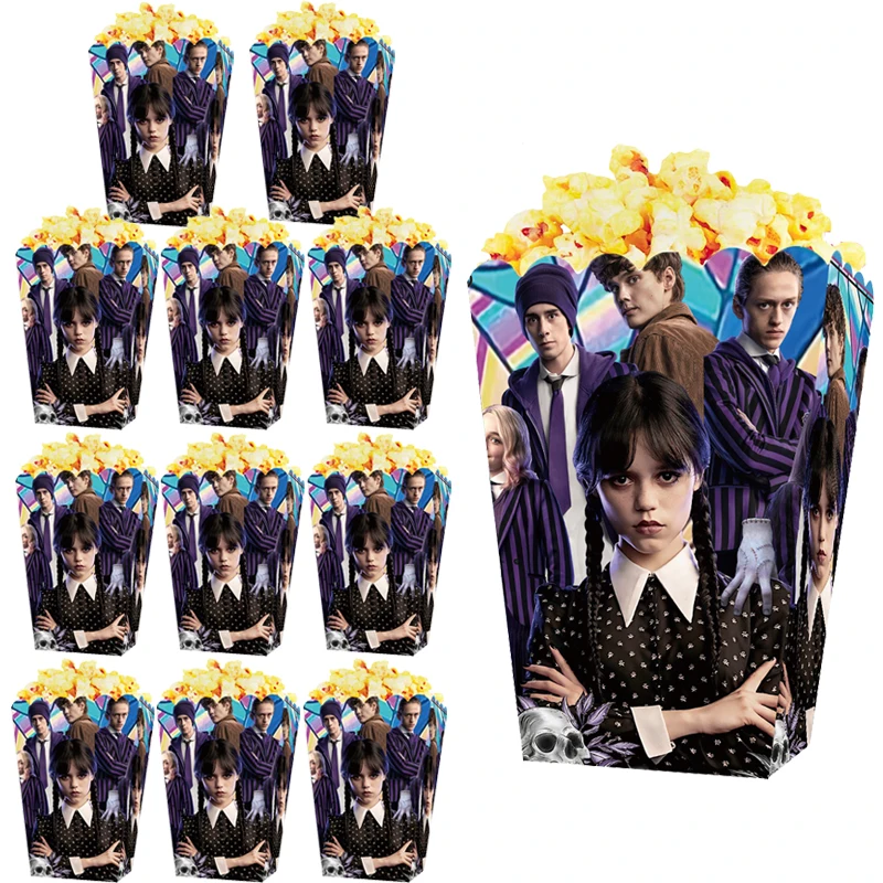 

Movie Wednesday Addams Popcorn Boxes Birthday Party Decoration Tableware Banner Balloon Backdrop Baby Shower Party Supplies