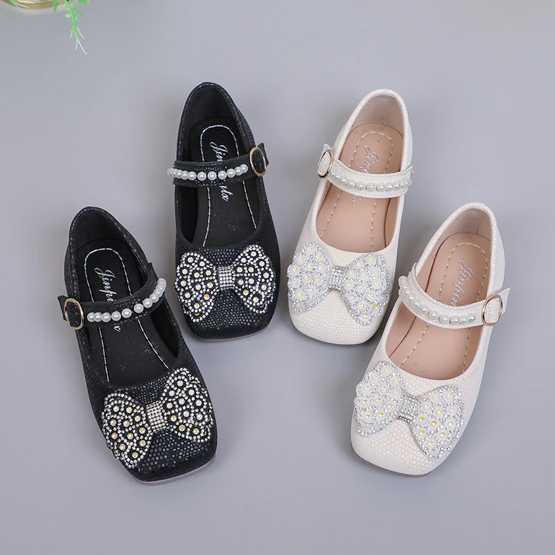 

Autumn New Kids Girls Fashion Korean Shallow Mary Janes Black Bow 2022 Children Soft Performance Shoes Pearls Rhinestone Shine