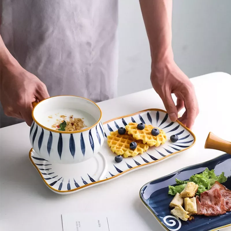 

Japanese Breakfast Ceramic Tableware Serving Dishes Desserts Bowls with Handles Household Bone China Dinnerware Dinner Table Set