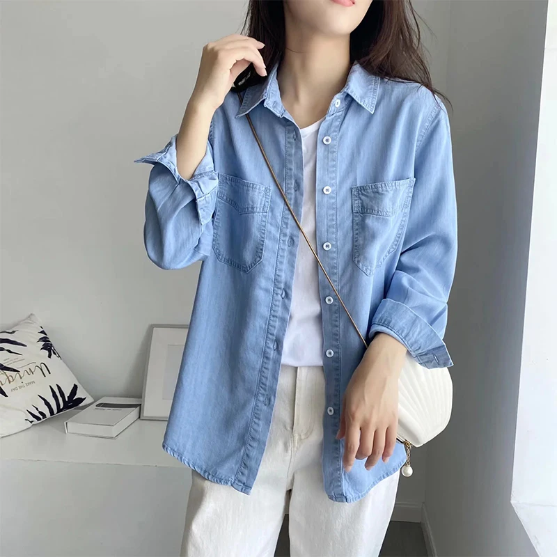 New Classic Casual Blue Denim Shirt Spring Summer Comfortable Thin Solid Tops for Women Clothing Long Sleeve Soft Jeans Blouse
New Classic Casual Blue Denim Shirt Spring Summer Comfortable Thin Solid Tops for Women Clothing Long Sleeve Soft Jeans Blouse