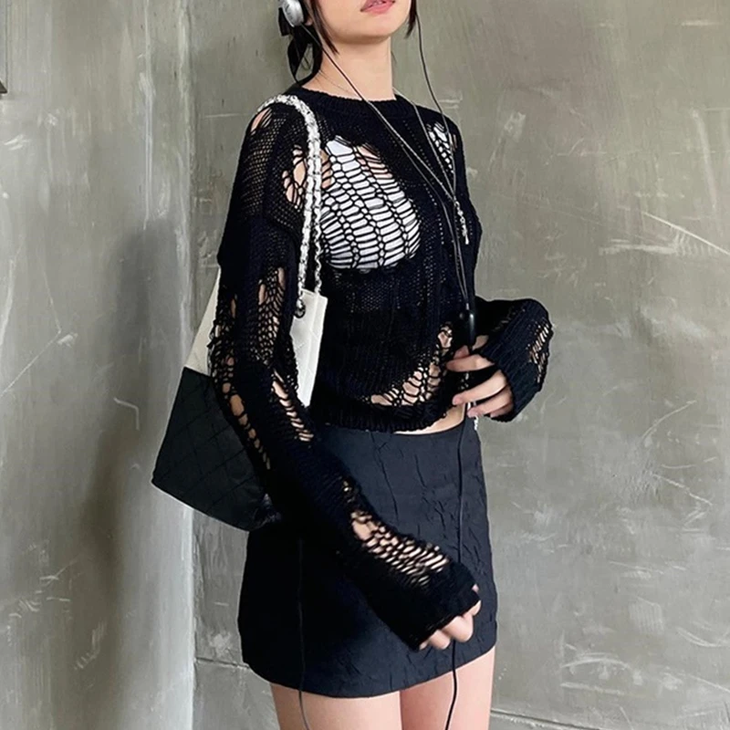 hirigin Women Sweaters Black Solid Color Crochet Hollow Out Pullovers Ladies Long Sleeve Round Neck Knitwear Tops Streetwear 
hirigin Women Sweaters Black Solid Color Crochet Hollow Out Pullovers Ladies Long Sleeve Round Neck Knitwear Tops Streetwear