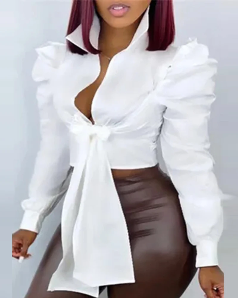 Women Clothing Fashion Solid Color Long Sleeve Blouse Work Sexy Daily Wear Buttoned Puff Sleeve Tied Detail Top
Women Clothing Fashion Solid Color Long Sleeve Blouse Work Sexy Daily Wear Buttoned Puff Sleeve Tied Detail Top