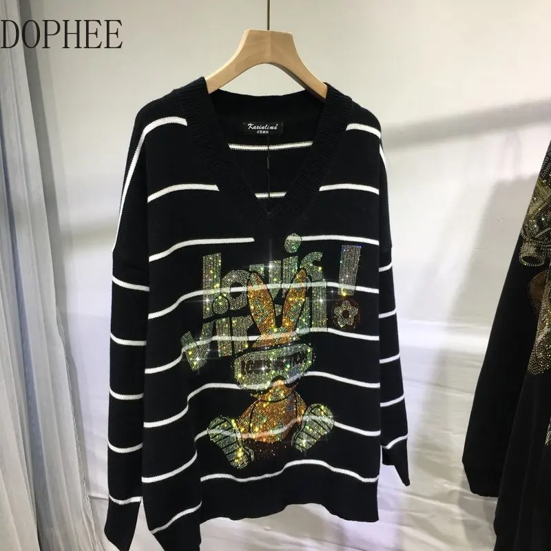 Trendy Hot Drilling Female Sweaters 2022 New Autumn Winter Knitted Jumpers V-neck Loose Long Sleeve Streetwear Striped Tops
Trendy Hot Drilling Female Sweaters 2022 New Autumn Winter Knitted Jumpers V-neck Loose Long Sleeve Streetwear Striped Tops